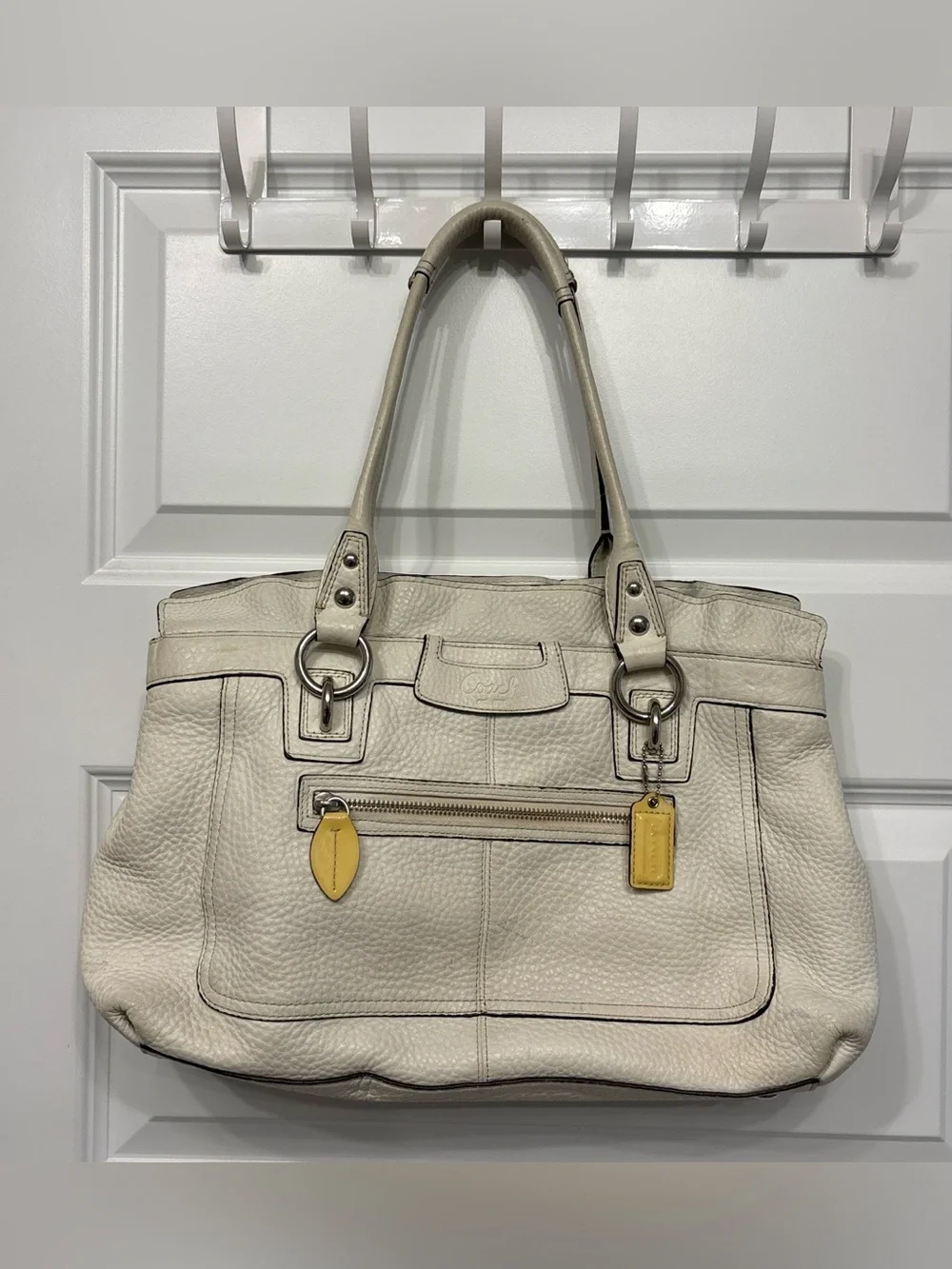 Coach Cream Pebbled Leather Shoulder Tote with Yellow Accents